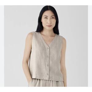Eileen Fisher Sz Small Organic Linen Undyed Round Neck Button Front Vest EUC